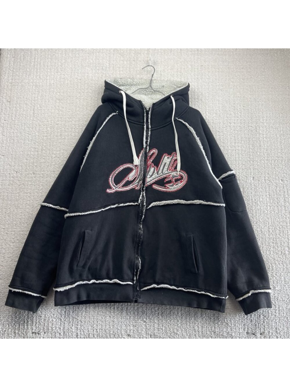 Y2K Split Hoodie Mens XL Black Full Zip Sherpa Fleece Skateboard Grunge Goth